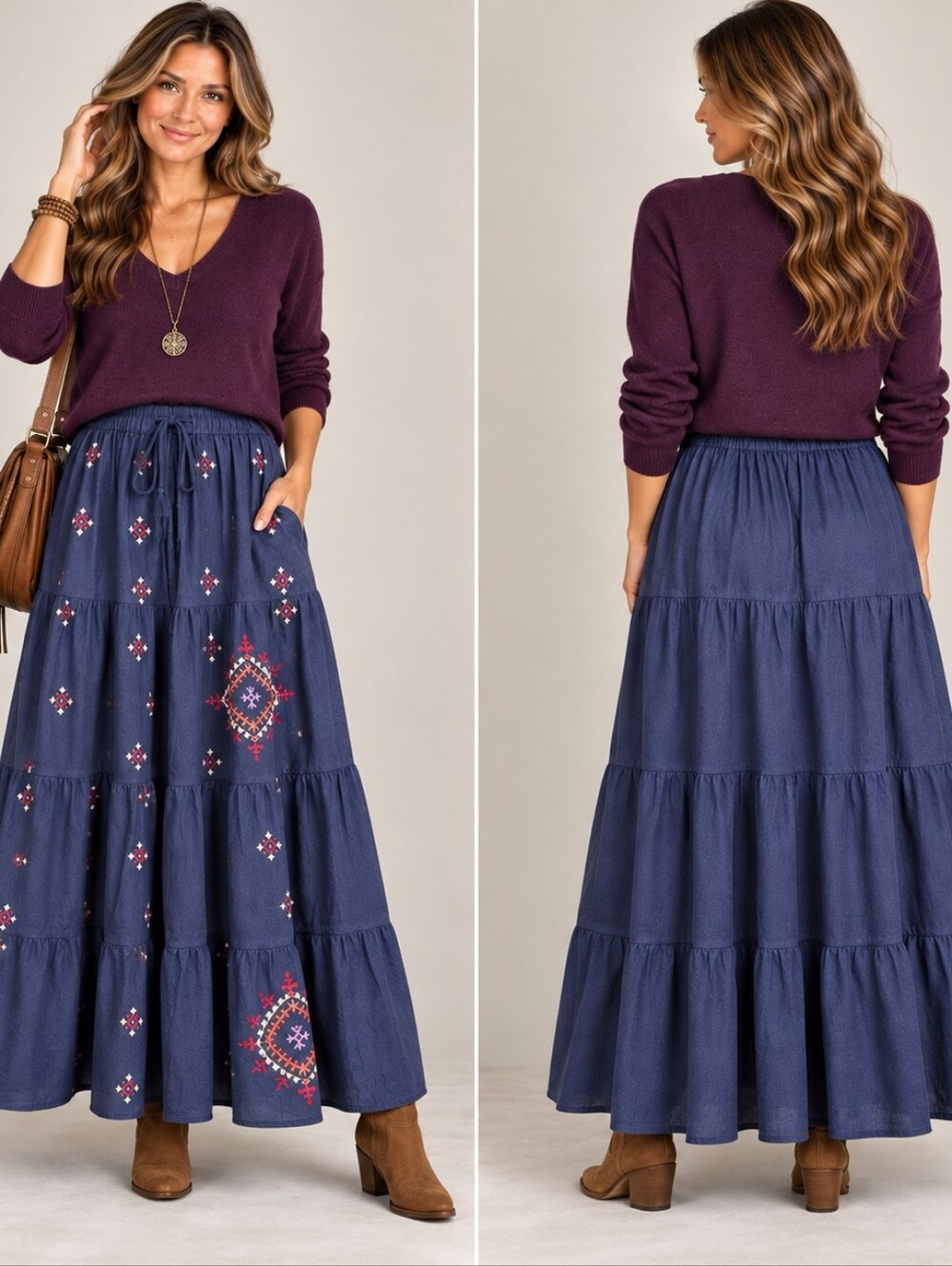 Easel Embroidered Cotton Tiered Boho Maxi Skirt NWT M A310